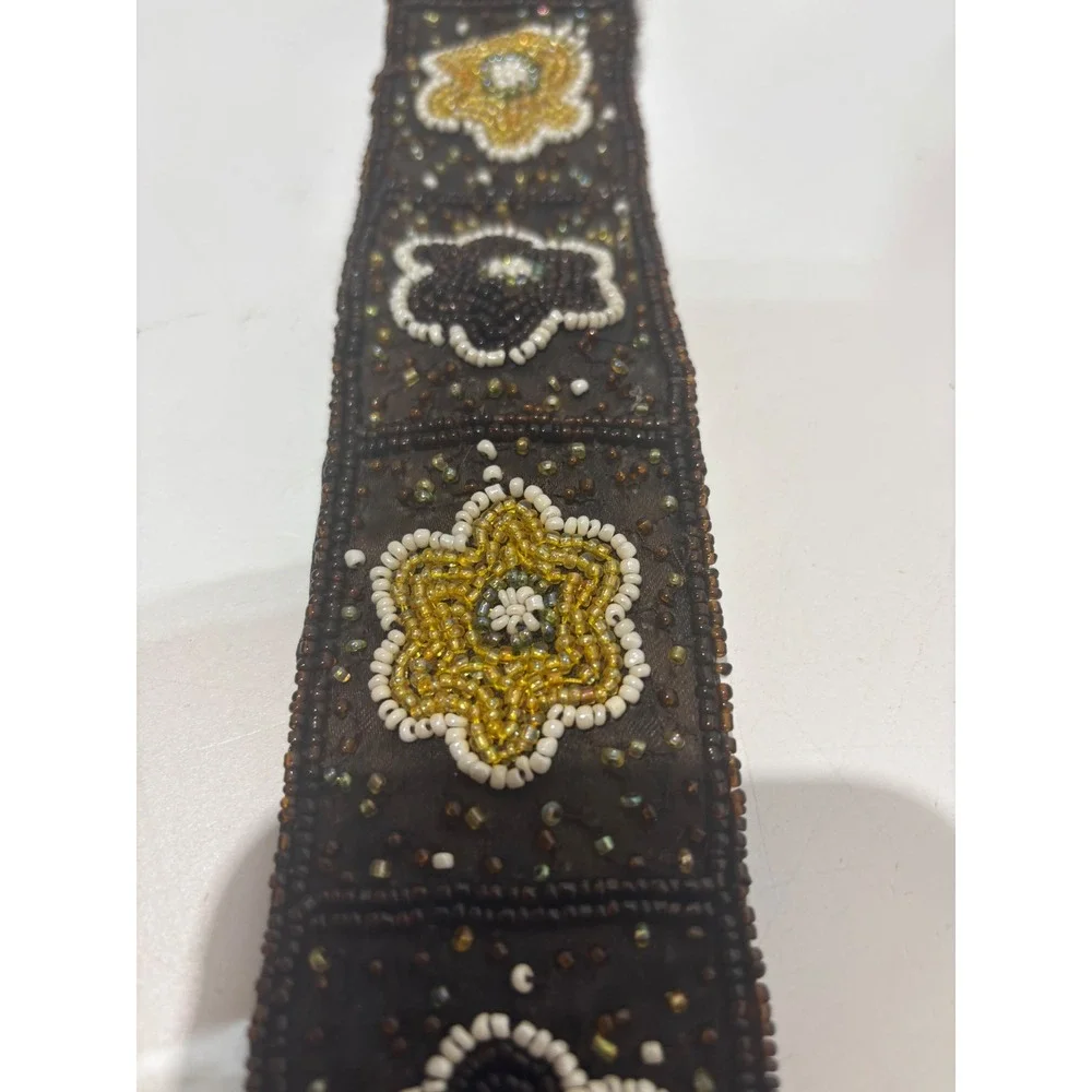 VTG India Beaded Floral Leather Belt Womens Medium Brown Gold Boho Wide Waist